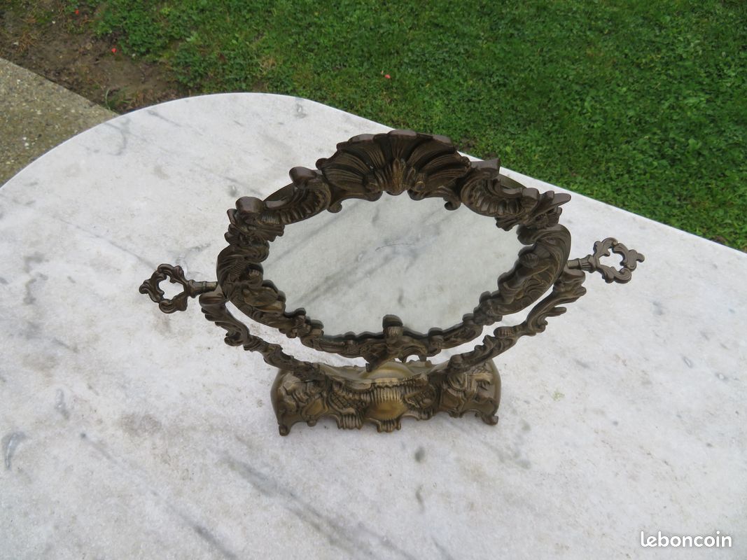 VINTAGE - Ancien Psyché/miroir a poser en bronze de style Louis XV à décor de Rocaille, Arabesque & Putto - FRANCE (Fin XIXé) (image 6)
