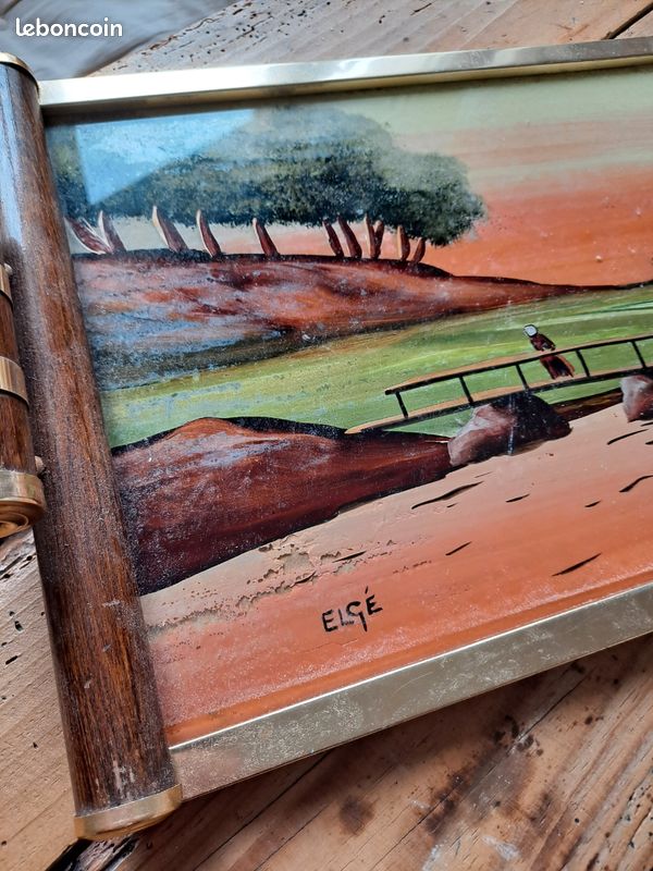 L.B. - Plateau coloré signé - Vintage fait main - Bois
