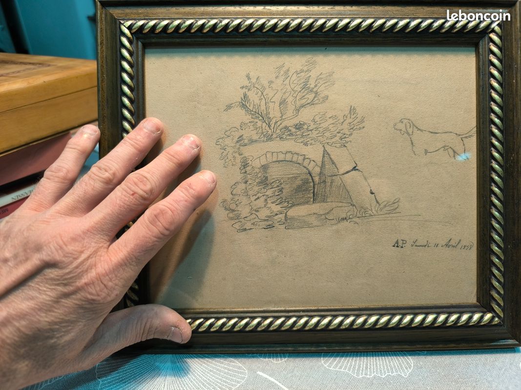 Dessin Crayon 19e à identifier Chateau Rivière Village Art Ancien
