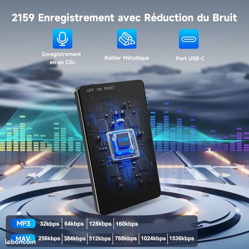 NekSide Enregistreur vocal 64 Go avec lecture - 3072 Kpbs heures d
