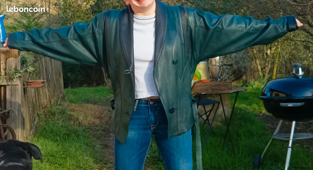 Blouson veste blazer cuir vert noir années 80 cintrée loose oversize ancien vintage (image 6)