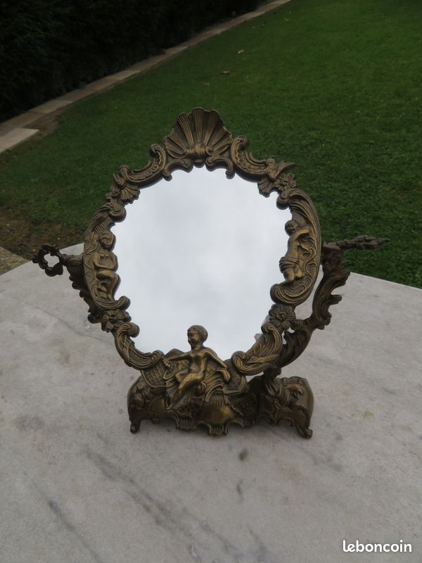 VINTAGE - Ancien Psyché/miroir a poser en bronze de style Louis XV à décor de Rocaille, Arabesque & Putto - FRANCE (Fin XIXé) (image 2)