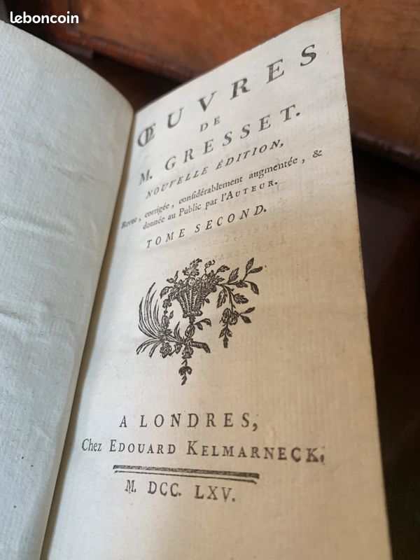 OEUVRES de M. GRESSET Chez Kelmarneck 1765 T1 & T2 - Ex-libris ( Armoiries) (image 5)