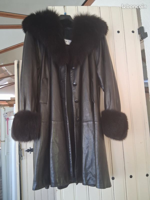 Manteau cuir vachette gros col et poignets en fourrure noir marque nickel zod paris (image 1)
