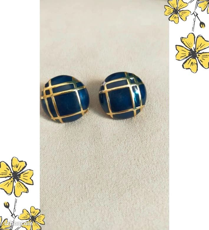 Boucles D’oreilles Vintage à Clips – Résine Translucide Bleu Et Or – Modèle *3760 – Occasion