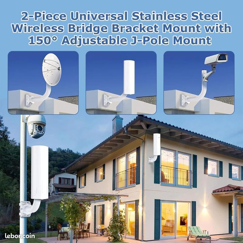 Support de Pont sans Fil, 2 pièces Support Mural réglable à 150 ° en Acier Inoxydable, Accessoire de Montage sur Poteau en J pour Point d'accès AP Point à Point extérieur (image 3)