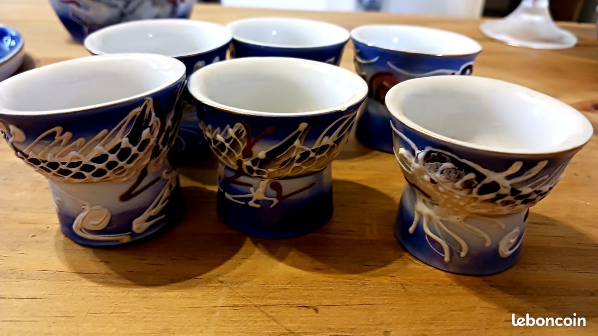 Service à Saké Japonais – Pichet Et 2 Tasses En Céramique Bleu étoilé – Style Vintage – Pour Dégustation Ou Décoration