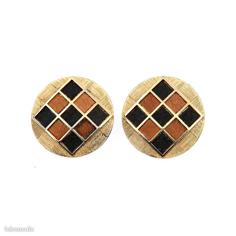 Boucles D'oreilles Clips Orena Paris - Style Vintage Années 80 - Damier Noir Et Ocre - Métal Doré (laiton) - Occasion
