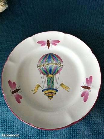 Assiette Plate Faïence Saint-Clément N°68 - Motif Montgolfière - Vintage 24cm
