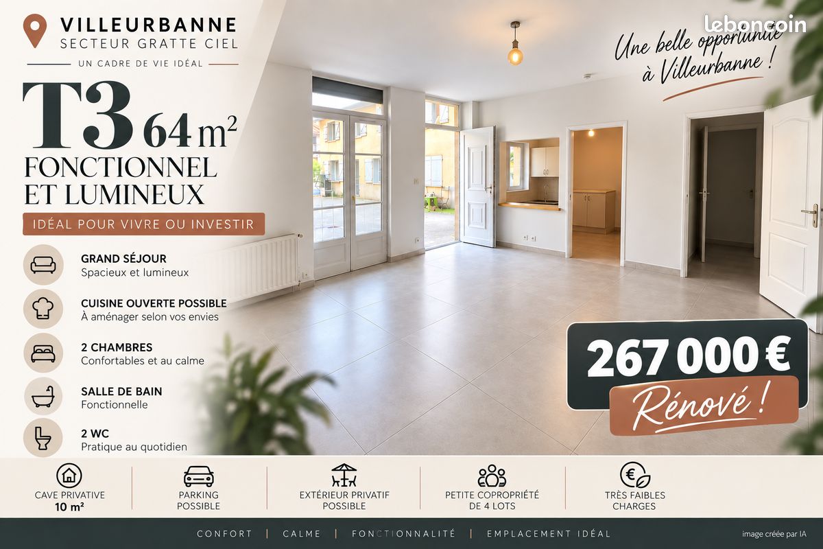Appartement 3 pièces 64 m² · à Villeurbanne · 64 m² · 267 000 €