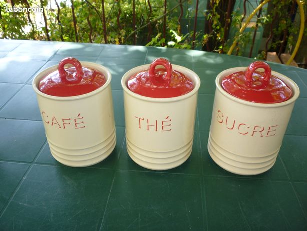 Lot De 3 Pots Anciens En Opaline Avec Couvercle Liège - Pour Thé, Sucre Ou Café
