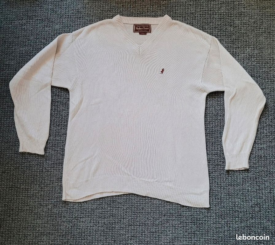 Pull Marlboro Classics Col V Vintage - Coton Beige - Taille L - Occasion Très Bon état