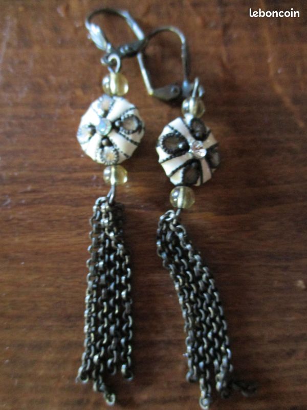 Dormeuses fantaisie perles strass chainettes (image 1)