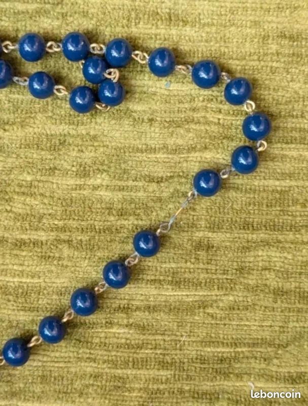 Perles Anciennes En Verre Bleu Gravé - Fabriquées à La Main, Vintage - Occasion