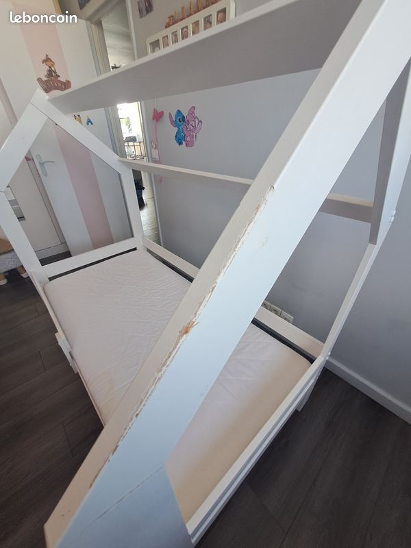 Lit cabane enfant blanc 80x160 avec matelas, sommier et tiroir (image 7)