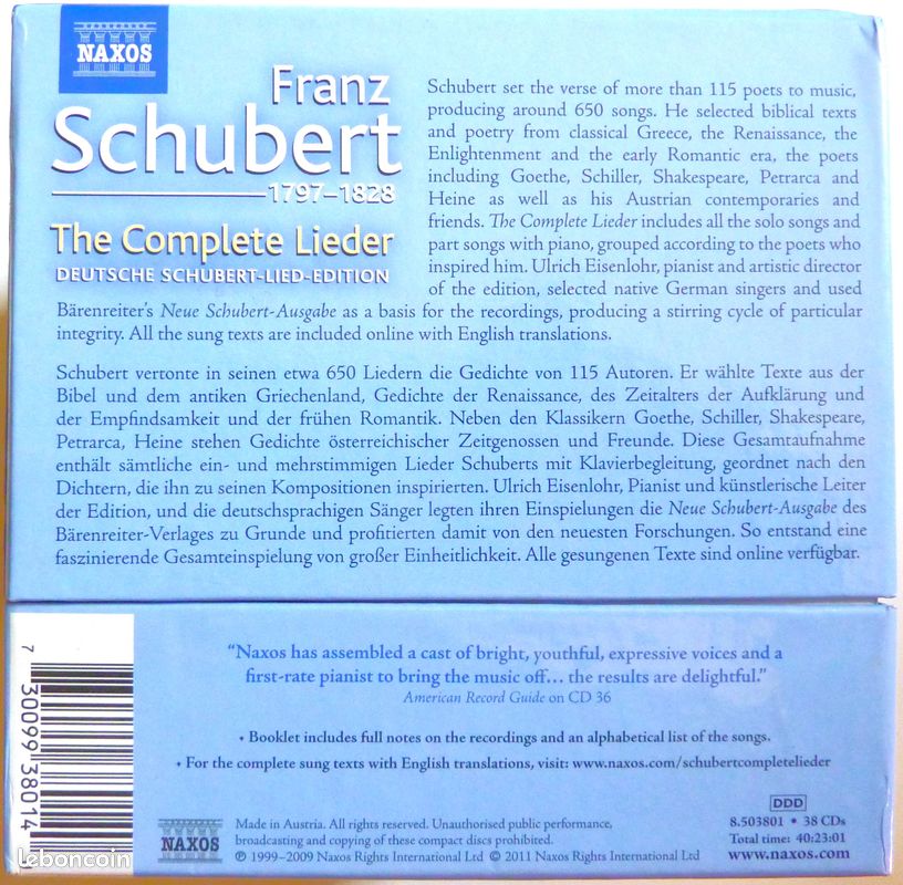 Coffret 38 CD : Intégrale des lieder de SCHUBERT sous la direction de Ulrich Eisenlohr / NAXOS / Musique classique / Chant (image 9)