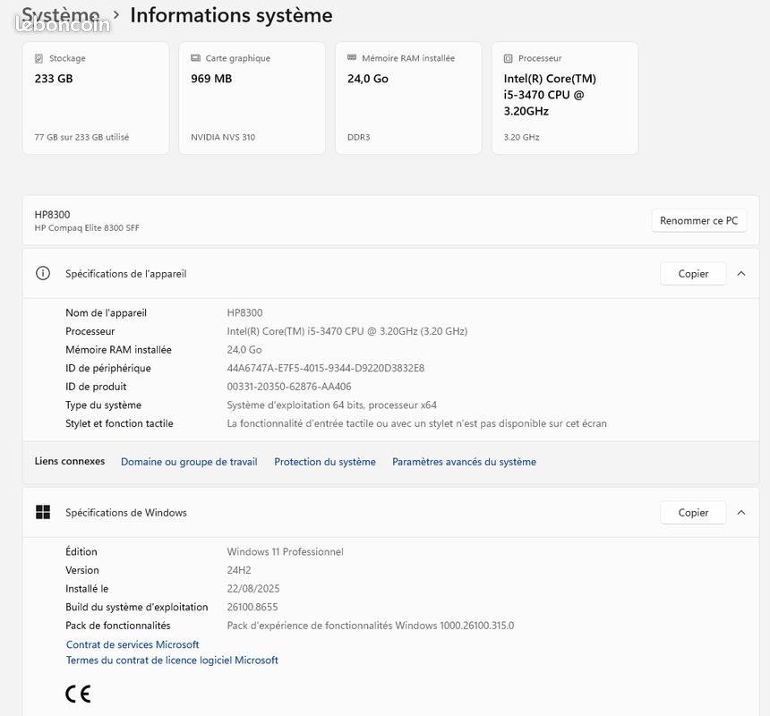 HP Compaq Elite 8300 SFF - i5 / 24Go Ram / SSD 250 Go / Windows 11 Pro (image 8)