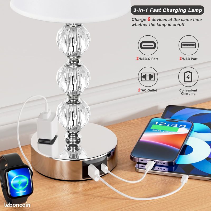 Kakanuo Lampe de Chevet Tactile avec Ports USB-A+C+Prise CA, 3 Intensité Variable, Lampe en Cristal Lot de 2, Abat-jour Blanc, Lampes de Table pour Chambre Salon D'enfant Bureau (Ampoules Incluse) [Cl (image 9)