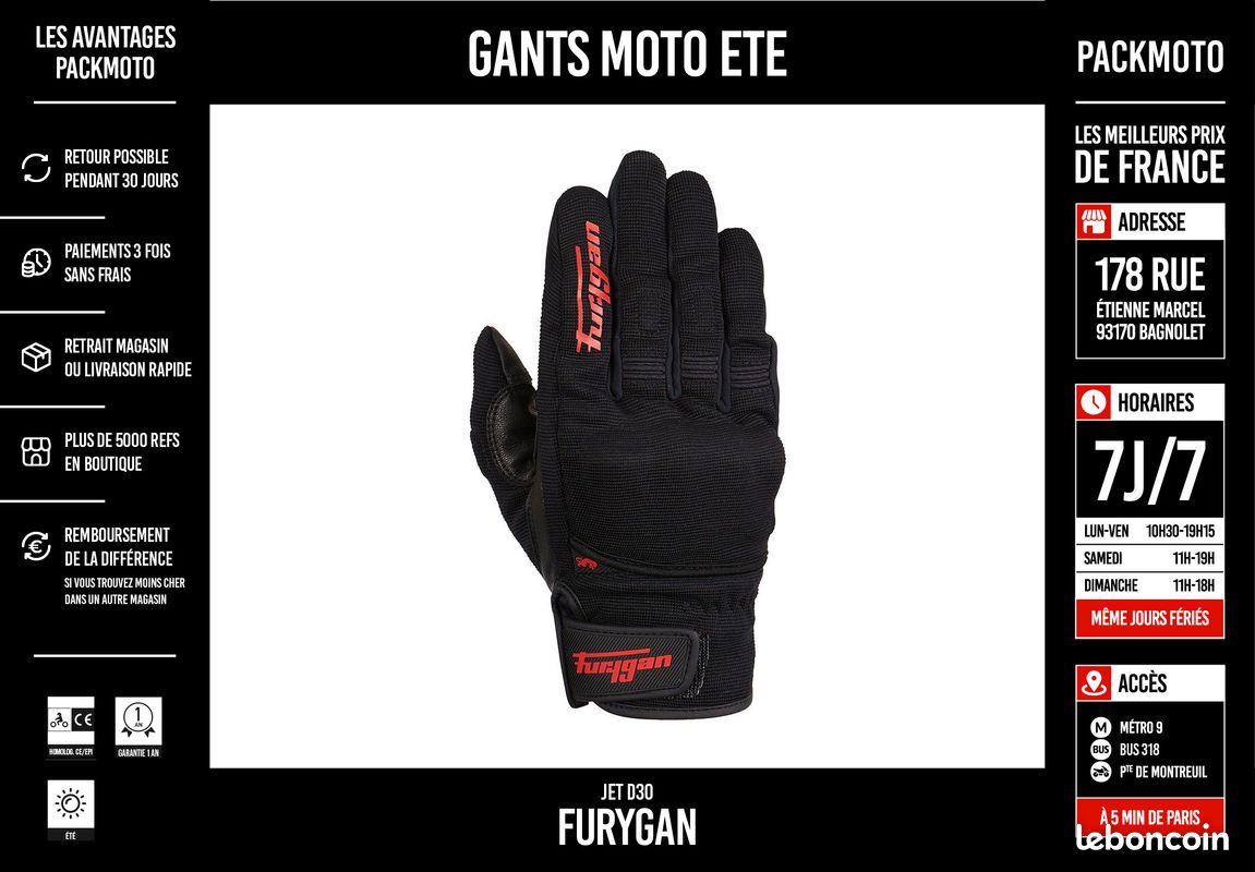 Gants Furygan Jet D3O noir blanc - EuroBikes