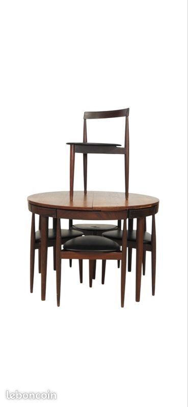 Table ronde Hans Olsen Frem Røjle Roundette teck 5 chaises scandinave danois vintage extensible salle manger (image 1)