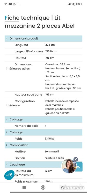 Lit mezzanine 120*190 en bois massif (image 7)