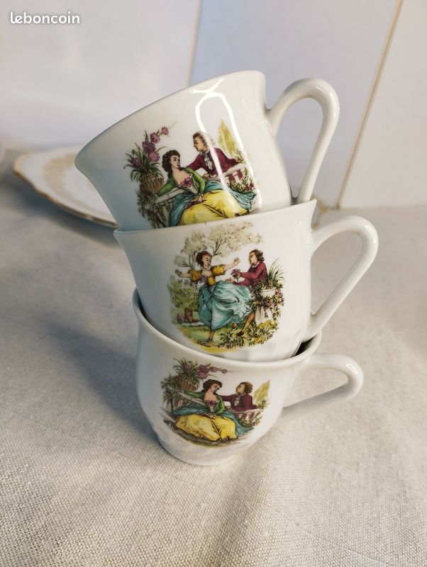 Lot De 4 Tasses à Café J.B. Limoges Anciennes - Porcelaine Blanche Et Argentée - Art Déco