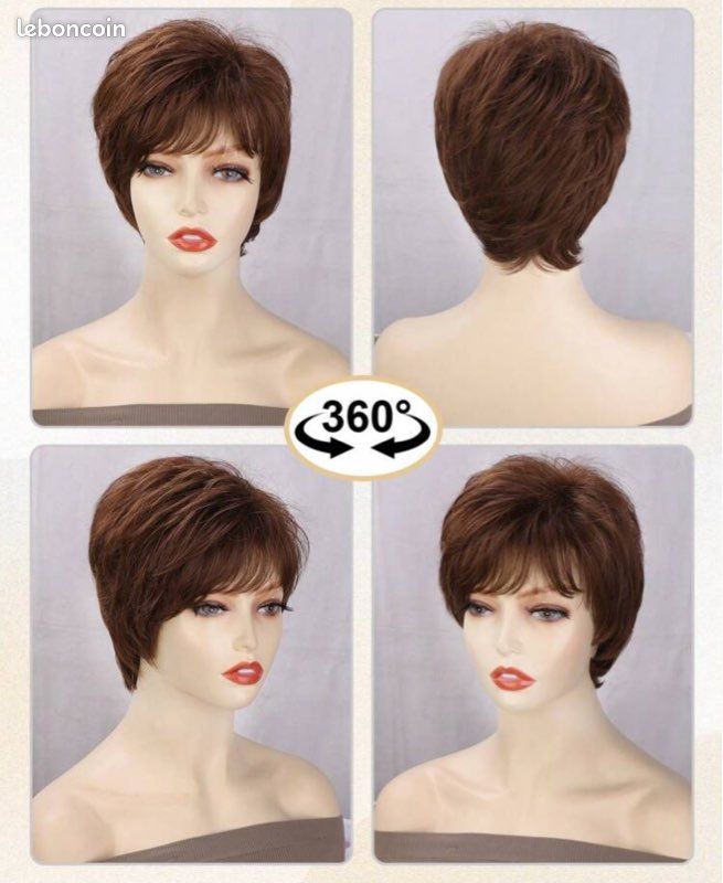 Perruque Courte Synthétique Pixie Brune Avec Frange - Taille Moyenne, +4 Bonnets - Neuf