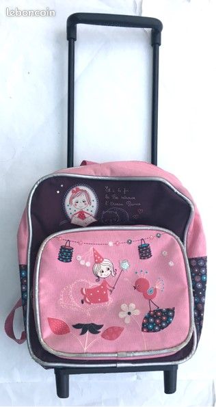 Petit cartable / sac à dos rose violet girly fée oiseau chat lecture, à roulettes & tige extensible (image 1)