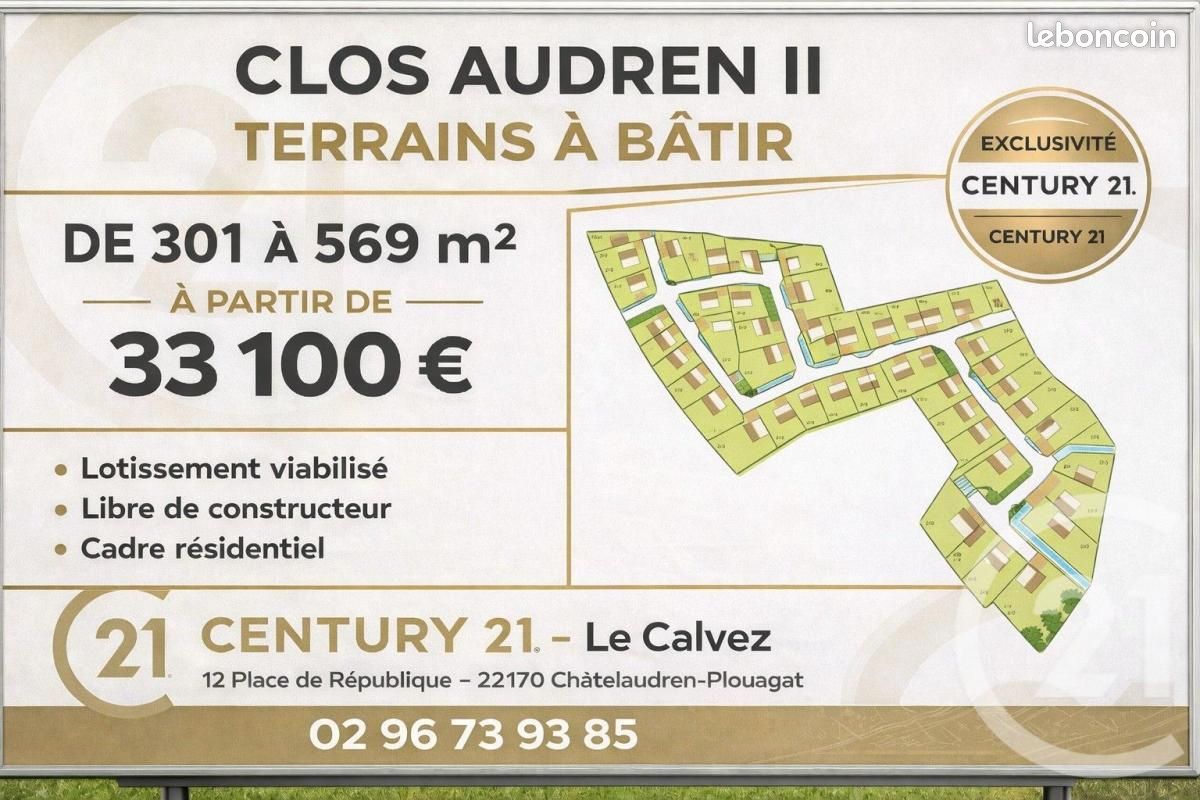 Terrain 301 m² Chatelaudren · à Châtelaudren-Plouagat · 33 100 €