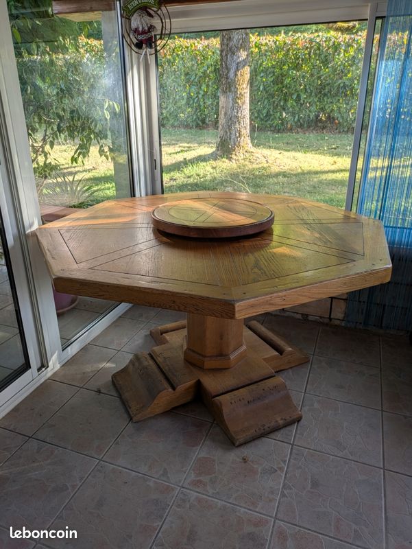 Table octogonale chêne massif diamètre 1,50 m avec plateau (image 1)