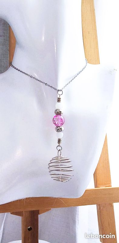 Collier Sautoir Femme Perles Et Pierres Effet Pierre De Lune - Bijou Fantaisie 28 Cm