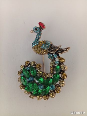 Broche Vintage Paon Strass Bleu Et Vert - Monture Acier Inoxydable, Made In France