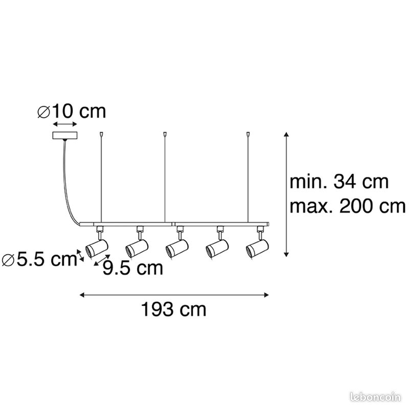 Lot de 7 système d'éclairage sur rail suspendu moderne avec 5 spots noirs monophasé (image 5)
