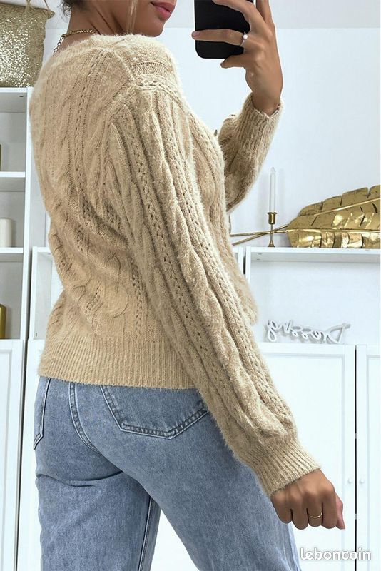 Pull couleur taupe à motif torsadé classique (image 3)