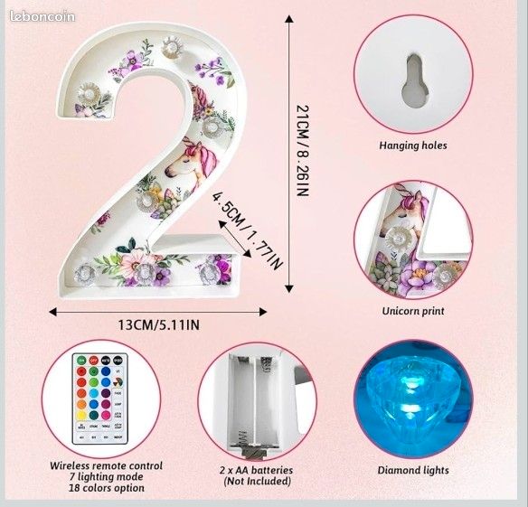 Chiffre 2 lumineux led motif licorne (image 2)