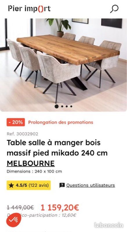Table Melbourne Pier Import + 6 chaises microfibre douce taupe – Bois d’acacia massif (image 2)