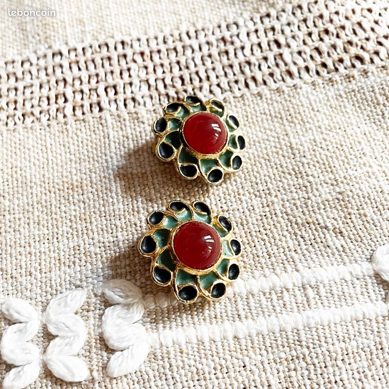 Boucles D'oreilles Vintage Argent Et Cabochon Verre Rouge Clips - Occasion Bon état