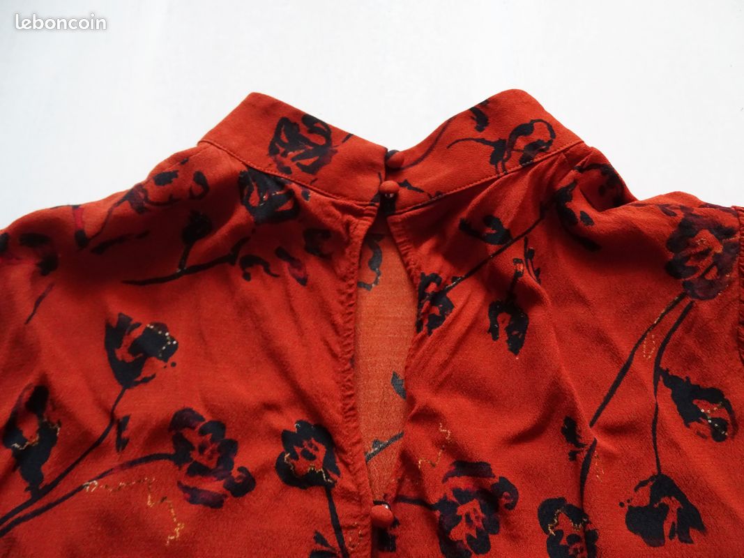 Chemisier En Soie The Kooples Taille 2 – Imprimé Giant Poppy Rouge, Vert, Or – Proche Du Neuf