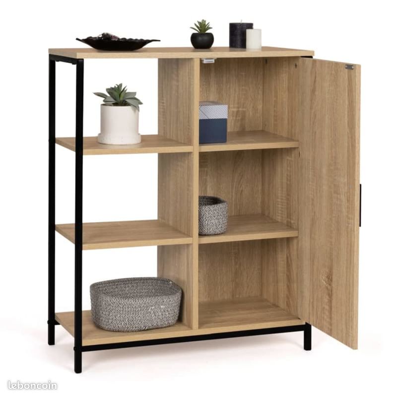 Buffet 3 Etagères et Placard Bois Métal Style Design Industriel 30P x 70l x 81H (image 3)