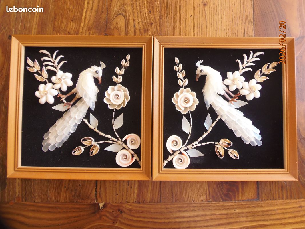 Cadre En Bois Ancien Avec Incrustations Nacre - Oiseaux, Fleurs, Papillons - Déco