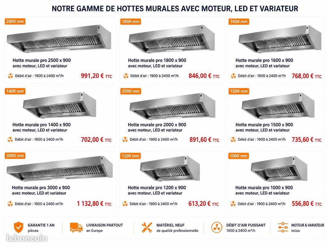 Hotte murale pro 2000 x 900 avec moteur, LED et variateur (image 2)