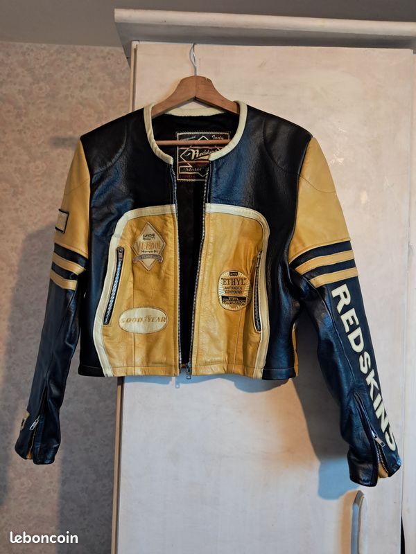 Redskins Femme Indy 500 moto bikers cuir de vachette taille XL couleur noir et moutarde vintage (image 1)