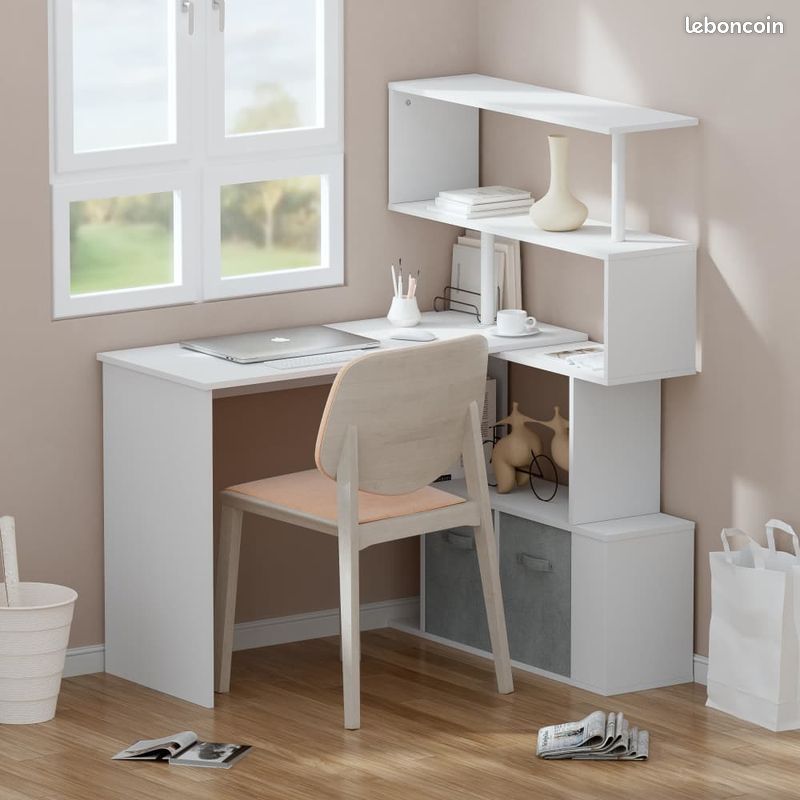 Bureau Blanc Angle Bois avec Méthode Placement + Rangements + Place Ordinateur Informatique + Étagères Quatre Niveaux Chambre Bureau Salon (image 1)