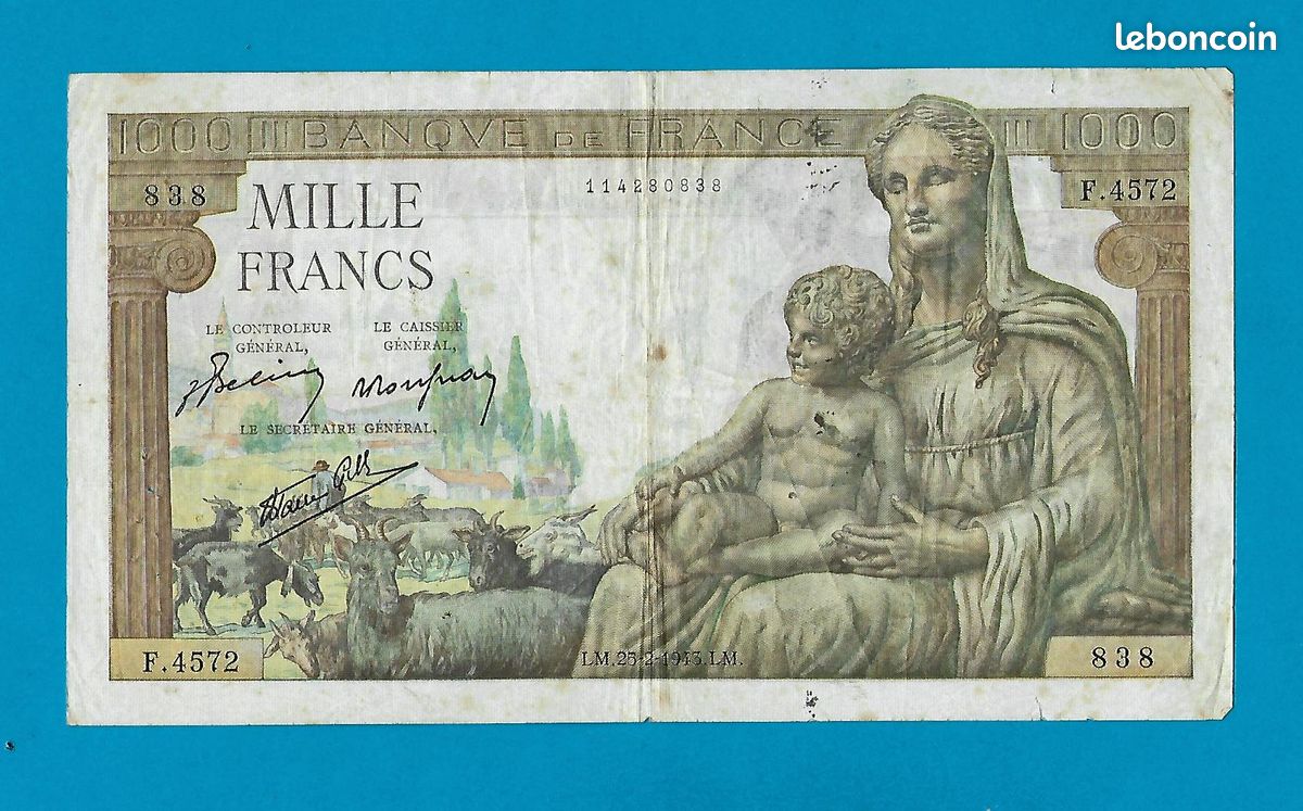 TRES RARE SERIE DE 10 BILLETS N° SUIVANT 1000 FRANCS DEMETER 25/06/1943 SPL