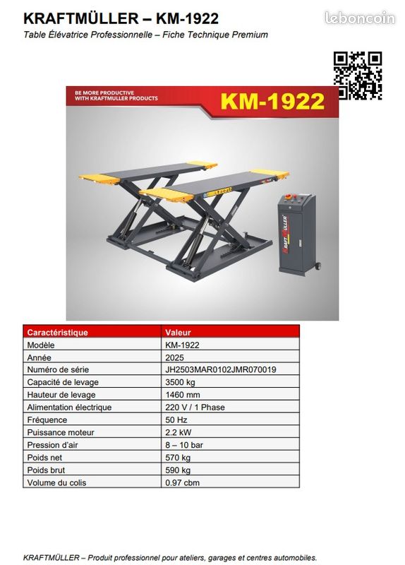 Pont ciseaux élévateur 3500kg 220V KraftMuller Pro Line (image 2)