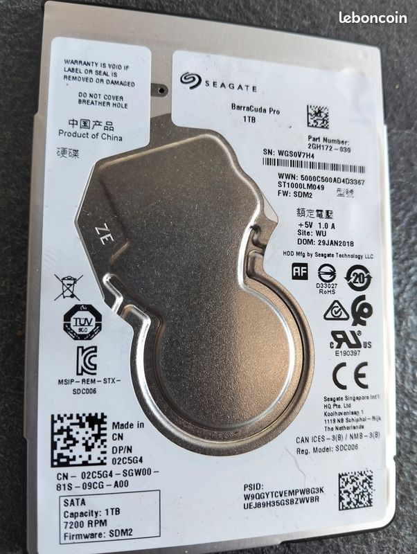 Disque dur Sata - Seagate ST1000LM049 - Disque dur interne de 2,5 pouces - 1 Téra -7200t - Parfait état (image 1)