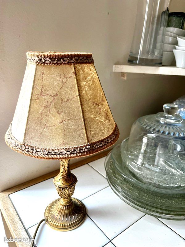 Lampe De Chevet Vintage En Bronze, Abat-jour En Vessie De Porc, Début XXème - Rare