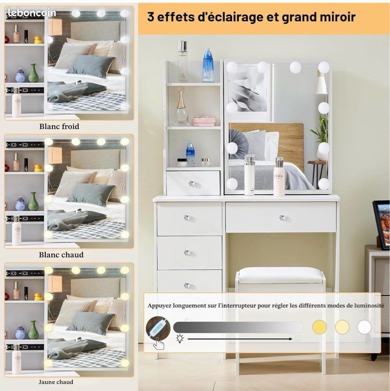Coiffeuse avec Miroir Coulissant et Tabouret, Table de Maquillage Spacieuse (image 2)
