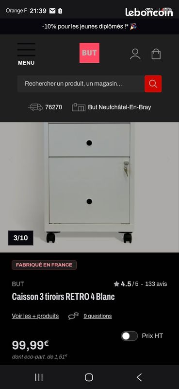 Caisson de bureau 3 tiroirs blanc BUT (image 6)