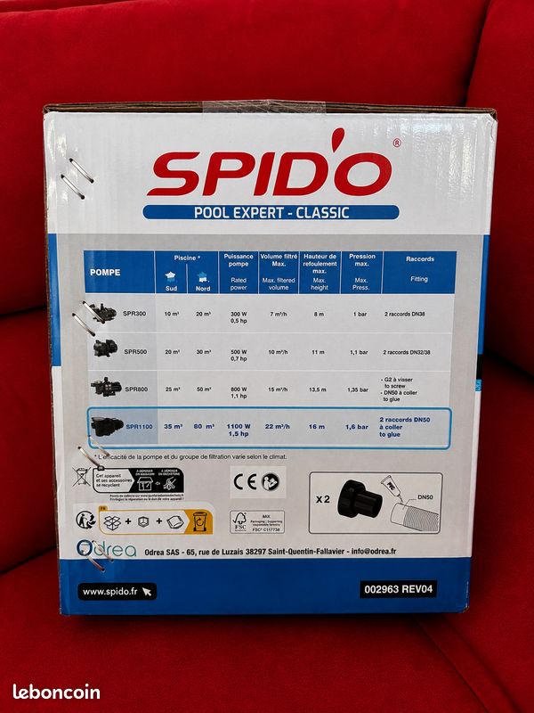Pompe de piscine Spid'O SPR 1100 – 1,5 CV – 22 m³/h – NEUVE (image 2)